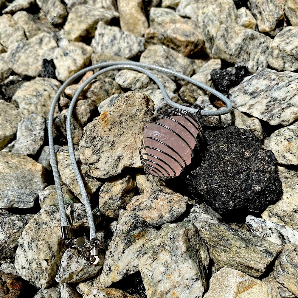 “Caged Crystal” Charm Necklace with Rose Quartz